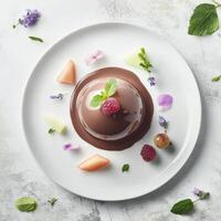 Delicate chocolate mousse topped with glossy mirror glaze and garnished with fruits and edible flowers on a white plate photo