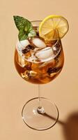 Refreshing beverage presentation with ice and citrus on a curved surface during a casual gathering photo