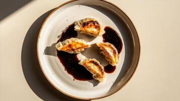 Plated dumplings with soy sauce showcasing crispy texture and rich flavor in a minimalist arrangement photo