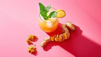 Refreshing lemonade infusion with freshly grated turmeric and mint leaves for a vibrant twist photo