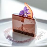 Decadent chocolate mousse with a glossy mirror glaze adorned with delicate fruit and a flower garnish photo