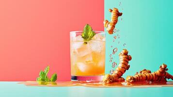 Refreshing lemonade infused with freshly grated turmeric and mint on a vibrant background photo