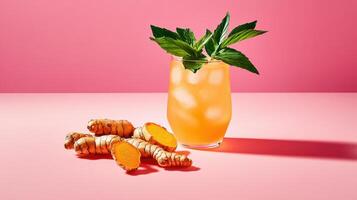 Lemonade infused with freshly grated turmeric and garnished with mint leaves on a pink background photo