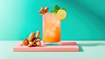 Refreshing lemonade infused with freshly grated turmeric and garnished with lemon and mint photo