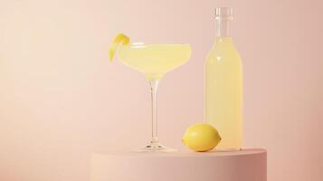Refreshing cocktail served in an elegant curved glass alongside a bottle and a lemon on a pastel pink background photo