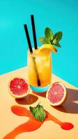 Refreshing citrus drink with vibrant colors set on a sunny table perfect for summer enjoyment photo