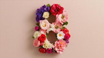 Number 8 made of flowers on pink background photo