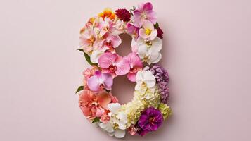 Number 8 made of flowers on pink background photo