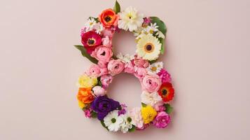 Number 8 made of flowers on pink background photo