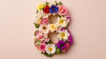 Number 8 made of flowers on pink background photo