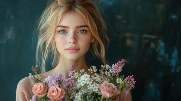Young elegant woman holds a bouquet of diverse flowers against a textured backdrop photo