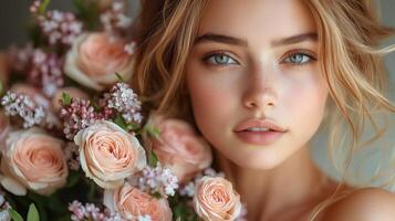 Young elegant woman holding a bouquet of soft pink roses and delicate flowers in a serene indoor setting during daylight photo