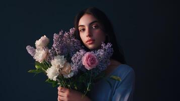 Elegant young woman holding a bouquet of flowers with a soft background in an artistic indoor setting photo