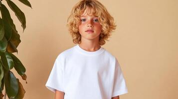 Young boy in white t-shirt standing confidently in a bright indoor space with plant background photo
