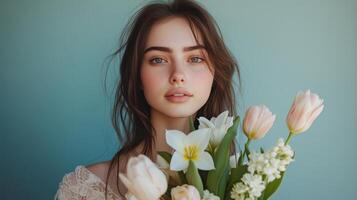 Young beautiful woman holding fresh flowers against a light blue background in a serene setting photo