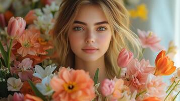 Young beautiful woman surrounded by colorful flowers in a bright, cheerful setting photo