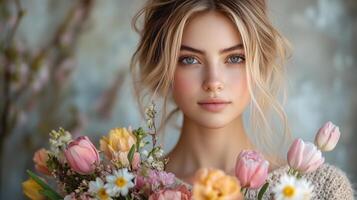 Young woman with beautiful eyes holding a bouquet of colorful flowers in a soft, natural light setting photo