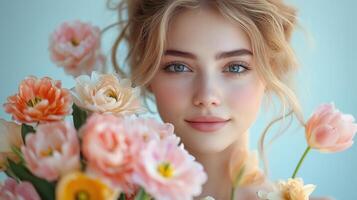 Young woman holding a bouquet of pink flowers with a serene expression in a softly lit setting photo