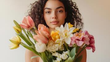 Young beautiful woman holds a vibrant bouquet of flowers in a softly lit setting photo