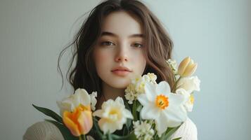 Young woman with flowers brings a touch of nature into a serene indoor setting in soft lighting photo