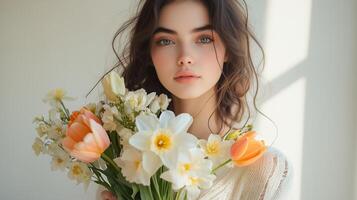 Young woman holding a bouquet of flowers with soft light streaming through a window, capturing a serene moment indoors photo