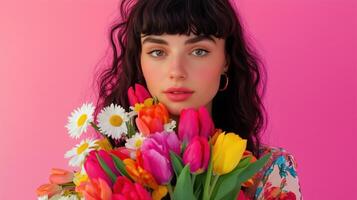 Young woman holding a vibrant bouquet of flowers against a colorful pink backdrop in a joyful spring setting photo