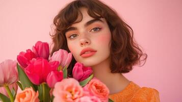 Young woman holds a vibrant bouquet of tulips against a pink backdrop highlighting her natural beauty and joy photo