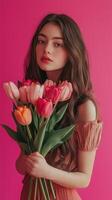 Young woman with a bouquet of tulips stands against a vibrant pink backdrop, showcasing beauty and joy in a spring-inspired moment photo
