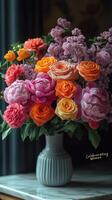 Bouquet of vibrant spring flowers in a decorative vase showcasing colorful roses and peonies photo