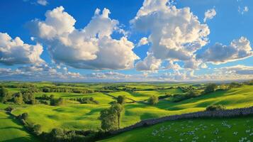 Breathtaking view of lush Irish countryside with rolling hills and vibrant clouds under a clear sky photo