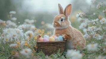 Cute bunny holding a basket filled with colorful Easter eggs in a flower-filled meadow on a bright spring day photo