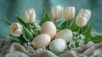 Bright pastel eggs surrounded by white tulips on a soft fabric backdrop perfect for spring celebrations photo