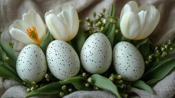 Decorative flat lay featuring pastel speckled eggs surrounded by spring flowers and greenery on a soft fabric backdrop photo