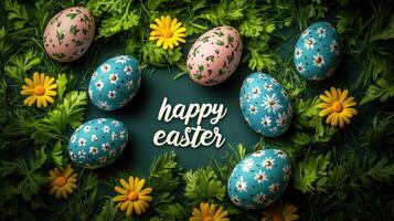 Colorful decorated Easter eggs surrounded by flowers on a vibrant green background for celebration photo