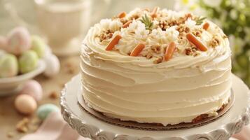Frosted carrot cake with rustic decor and seasonal accents on a charming table setting photo
