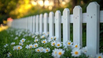 White wooden fence with blooming daisies creating a picturesque garden atmosphere in bright sunlight photo