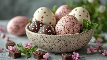 Colorful Easter eggs and chocolate treats displayed in a rustic bowl surrounded by flowers and greenery photo