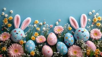 Colorful arrangement of decorated eggs and bunny figures surrounded by flowers on a blue background photo