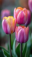 Blooming tulips in vibrant shades showcase nature's beauty in a spring garden photo