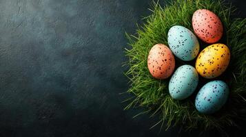 Decorative Easter eggs resting on green grass create a vibrant spring ambiance for celebrations and festivities photo
