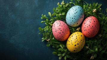 Colorful decorated eggs arranged in green grass for festive spring celebration photo