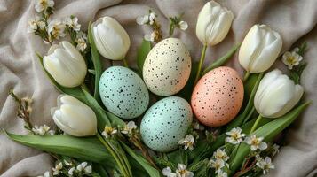 Pastel colored eggs nestled among spring flowers on soft fabric backdrop photo