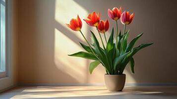 Modern minimalist flat lay of vibrant tulips in a light-filled room with soft shadows, emphasizing nature's beauty and simplicity photo