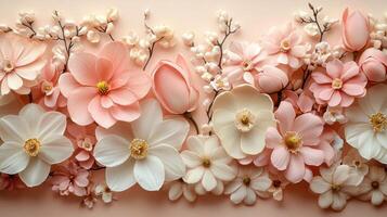 Delicate spring blossoms featuring soft pink and white flowers in a serene arrangement on a pastel background photo