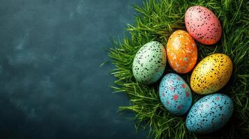 Decorative eggs resting on vibrant grass for spring festivities photo