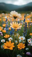 Vibrant meadow filled with colorful wildflowers under a cloudy sky during late afternoon photo