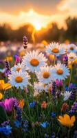 Colorful wildflowers bloom in a serene meadow under a golden sunset sky photo