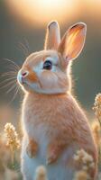 Silhouette of a bunny among soft grasses during golden hour photo