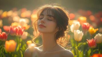 Silhouette of a woman in a field of vibrant flowers during golden hour with soft sunlight illuminating her features photo