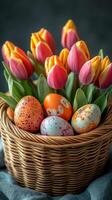 Wicker basket filled with colorful Easter eggs and vibrant tulips displayed on a soft blue background photo
